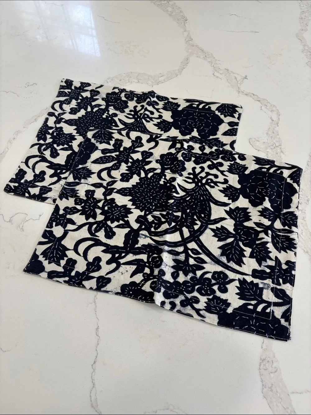 Navy & White Batik Floral Linen Blend Placemat Set of 2